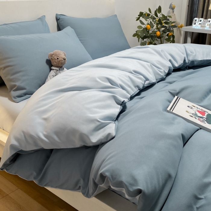 91家纺网 家纺一手货源 找家纺 同田 2023新纯色拼色水洗棉四件套三件套 海盐蓝+浅蓝