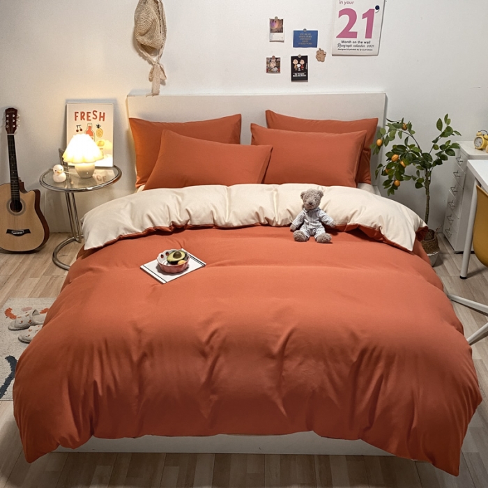 91家纺网 家纺一手货源 找家纺 同田 2023新纯色拼色水洗棉四件套三件套 焦糖+奶茶