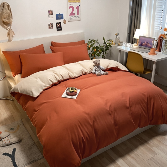 91家纺网 家纺一手货源 找家纺 同田 2023新纯色拼色水洗棉四件套三件套 焦糖+奶茶