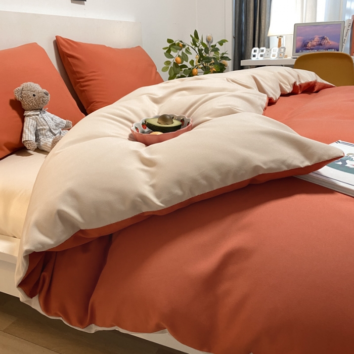 91家纺网 家纺一手货源 找家纺 同田 2023新纯色拼色水洗棉四件套三件套 焦糖+奶茶