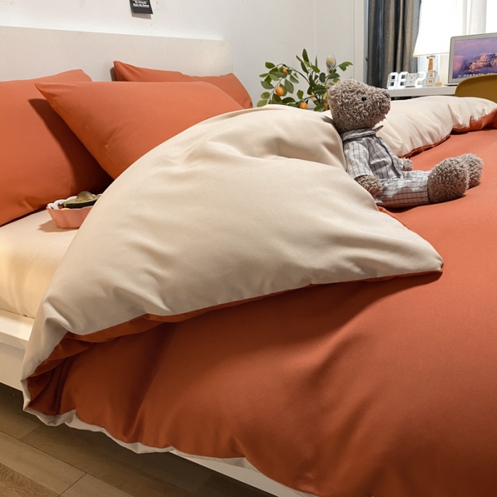 91家纺网 家纺一手货源 找家纺 同田 2023新纯色拼色水洗棉四件套三件套 焦糖+奶茶