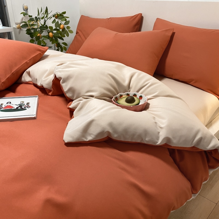 91家纺网 家纺一手货源 找家纺 同田 2023新纯色拼色水洗棉四件套三件套 焦糖+奶茶