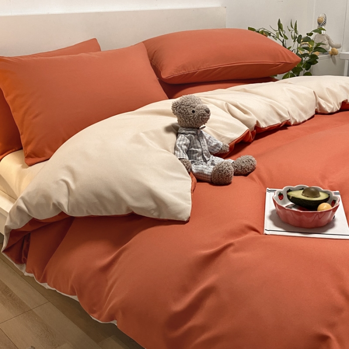 91家纺网 家纺一手货源 找家纺 同田 2023新纯色拼色水洗棉四件套三件套 焦糖+奶茶