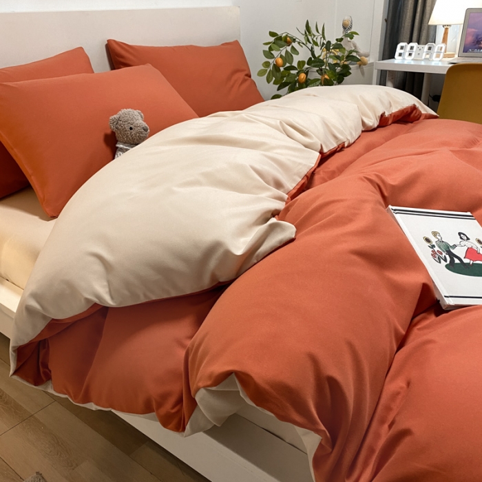 91家纺网 家纺一手货源 找家纺 同田 2023新纯色拼色水洗棉四件套三件套 焦糖+奶茶