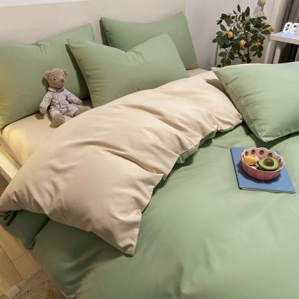 同田 2023新纯色拼色水洗棉四件套三件套 抹茶绿+奶茶