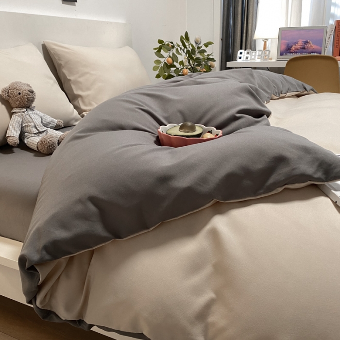 91家纺网 家纺一手货源 找家纺 同田 2023新纯色拼色水洗棉四件套三件套 奶茶+深灰