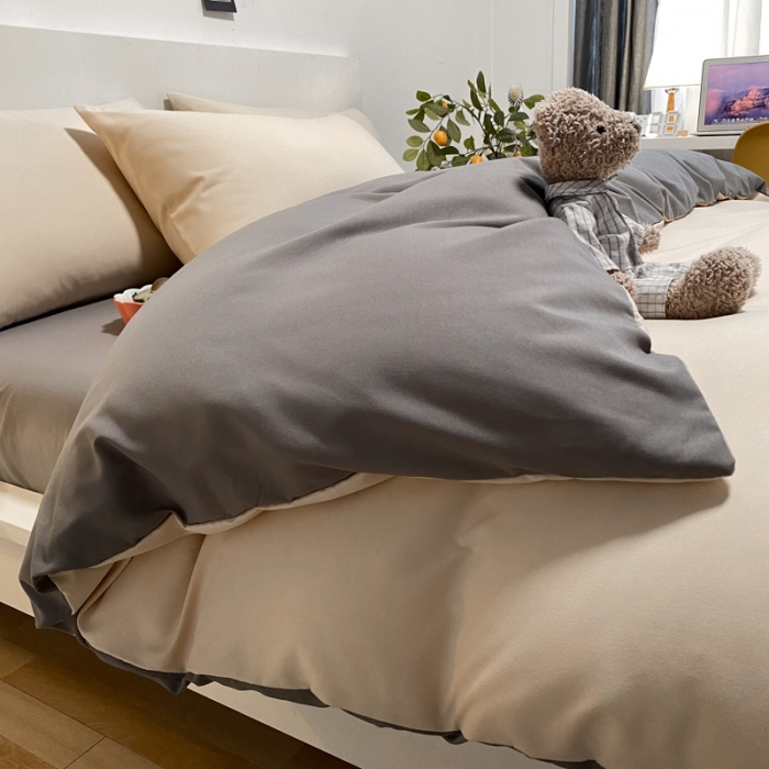 91家纺网 家纺一手货源 找家纺 同田 2023新纯色拼色水洗棉四件套三件套 奶茶+深灰