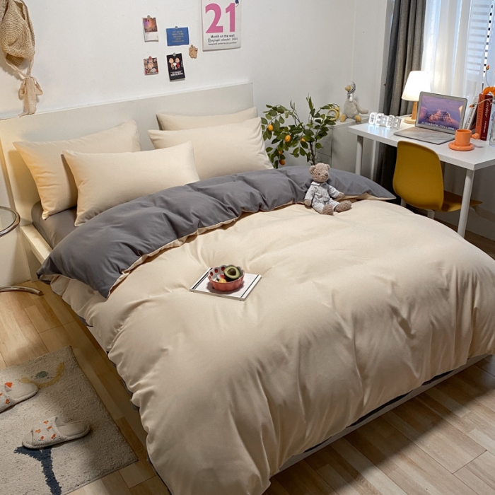 91家纺网 家纺一手货源 找家纺 同田 2023新纯色拼色水洗棉四件套三件套 奶茶+深灰