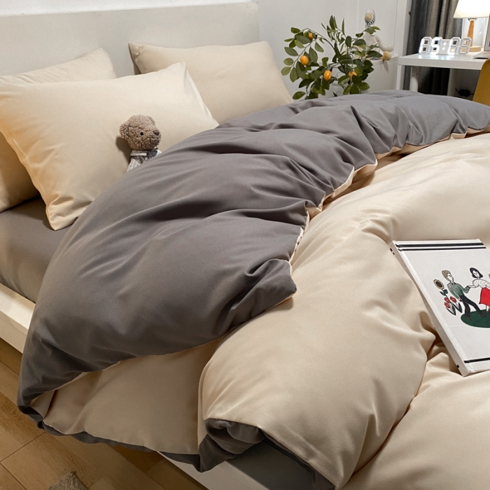 91家纺网 家纺一手货源 找家纺 同田 2023新纯色拼色水洗棉四件套三件套 奶茶+深灰