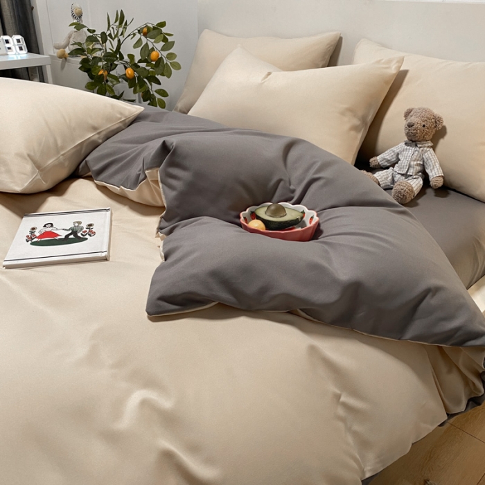 91家纺网 家纺一手货源 找家纺 同田 2023新纯色拼色水洗棉四件套三件套 奶茶+深灰