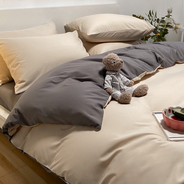91家纺网 家纺一手货源 找家纺 同田 2023新纯色拼色水洗棉四件套三件套 奶茶+深灰