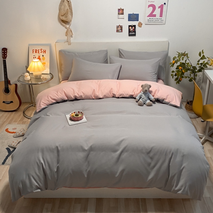 91家纺网 家纺一手货源 找家纺 同田 2023新纯色拼色水洗棉四件套三件套 浅灰+粉玉