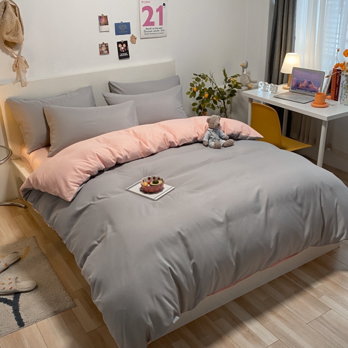 91家纺网 家纺一手货源 找家纺 同田 2023新纯色拼色水洗棉四件套三件套 浅灰+粉玉