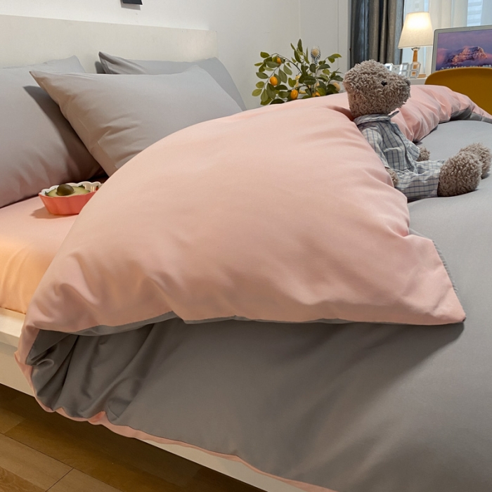 91家纺网 家纺一手货源 找家纺 同田 2023新纯色拼色水洗棉四件套三件套 浅灰+粉玉