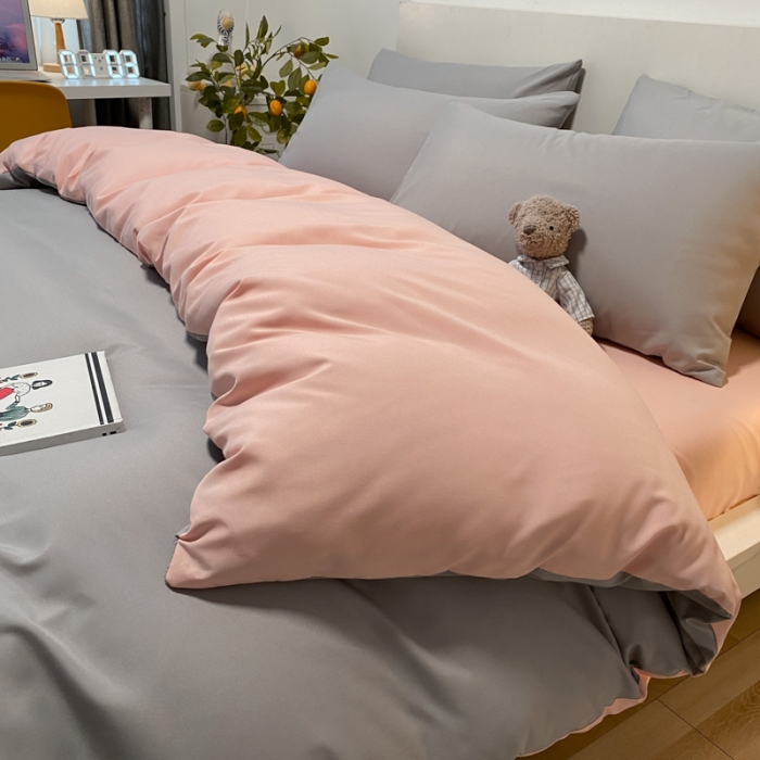 91家纺网 家纺一手货源 找家纺 同田 2023新纯色拼色水洗棉四件套三件套 浅灰+粉玉