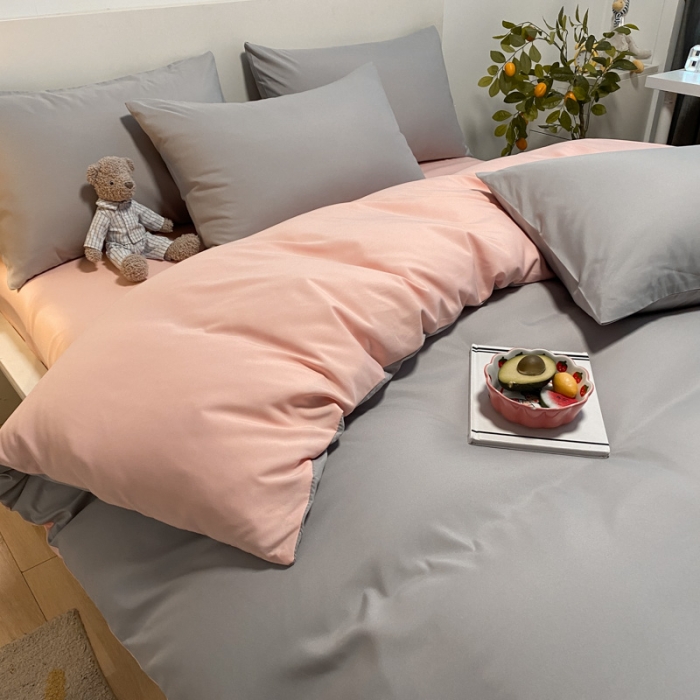 91家纺网 家纺一手货源 找家纺 同田 2023新纯色拼色水洗棉四件套三件套 浅灰+粉玉