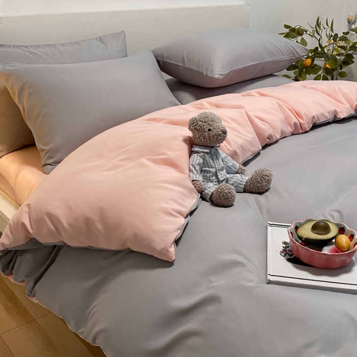 91家纺网 家纺一手货源 找家纺 同田 2023新纯色拼色水洗棉四件套三件套 浅灰+粉玉