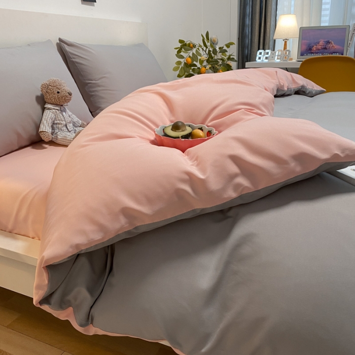 91家纺网 家纺一手货源 找家纺 同田 2023新纯色拼色水洗棉四件套三件套 浅灰+粉玉