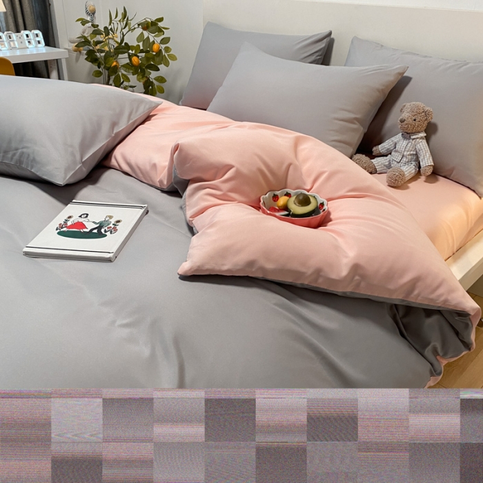 91家纺网 家纺一手货源 找家纺 同田 2023新纯色拼色水洗棉四件套三件套 浅灰+粉玉