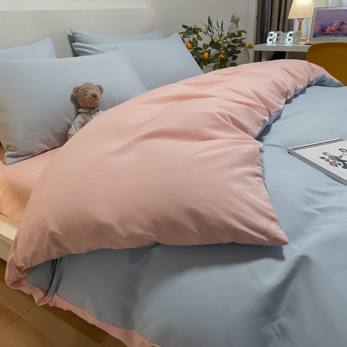 91家纺网 家纺一手货源 找家纺 同田 2023新纯色拼色水洗棉四件套三件套 天空蓝+粉玉