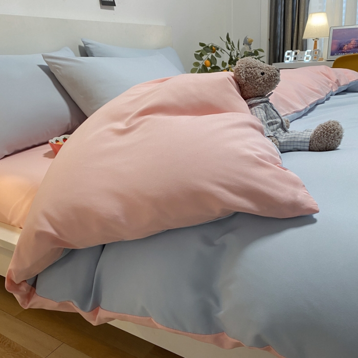 91家纺网 家纺一手货源 找家纺 同田 2023新纯色拼色水洗棉四件套三件套 天空蓝+粉玉