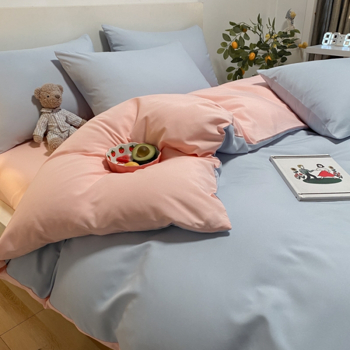 91家纺网 家纺一手货源 找家纺 同田 2023新纯色拼色水洗棉四件套三件套 天空蓝+粉玉