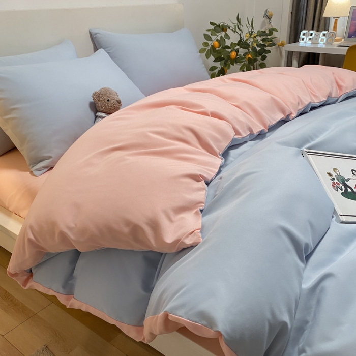 91家纺网 家纺一手货源 找家纺 同田 2023新纯色拼色水洗棉四件套三件套 天空蓝+粉玉