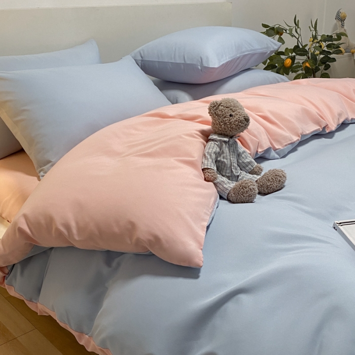 91家纺网 家纺一手货源 找家纺 同田 2023新纯色拼色水洗棉四件套三件套 天空蓝+粉玉