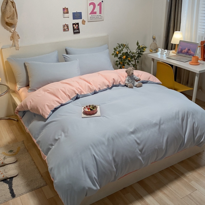 91家纺网 家纺一手货源 找家纺 同田 2023新纯色拼色水洗棉四件套三件套 天空蓝+粉玉