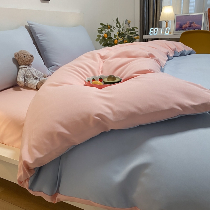 91家纺网 家纺一手货源 找家纺 同田 2023新纯色拼色水洗棉四件套三件套 天空蓝+粉玉