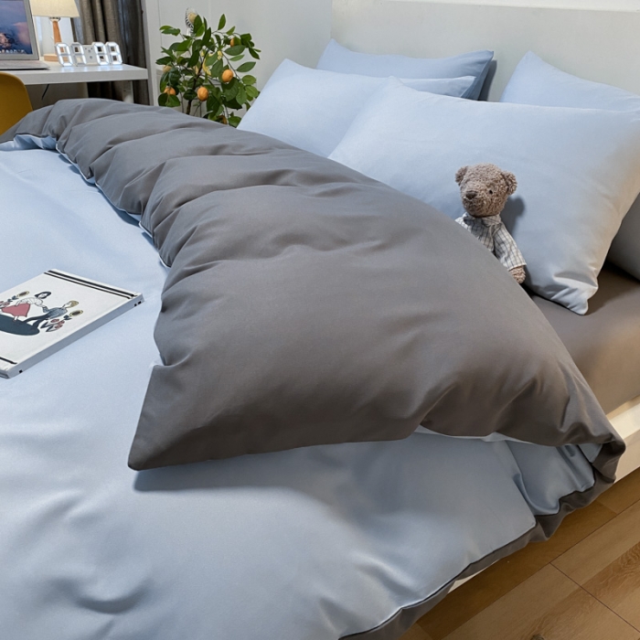 91家纺网 家纺一手货源 找家纺 同田 2023新纯色拼色水洗棉四件套三件套 天空蓝+深灰