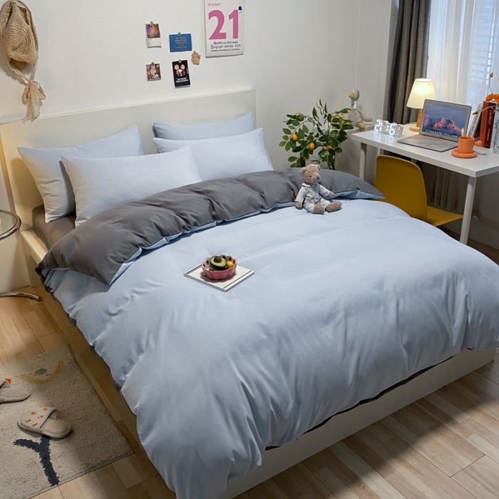 91家纺网 家纺一手货源 找家纺 同田 2023新纯色拼色水洗棉四件套三件套 天空蓝+深灰