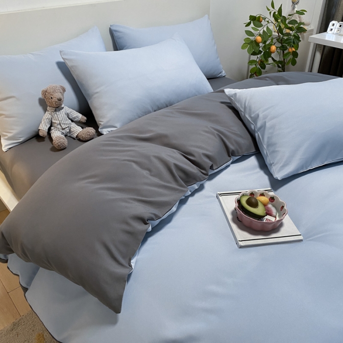 91家纺网 家纺一手货源 找家纺 同田 2023新纯色拼色水洗棉四件套三件套 天空蓝+深灰