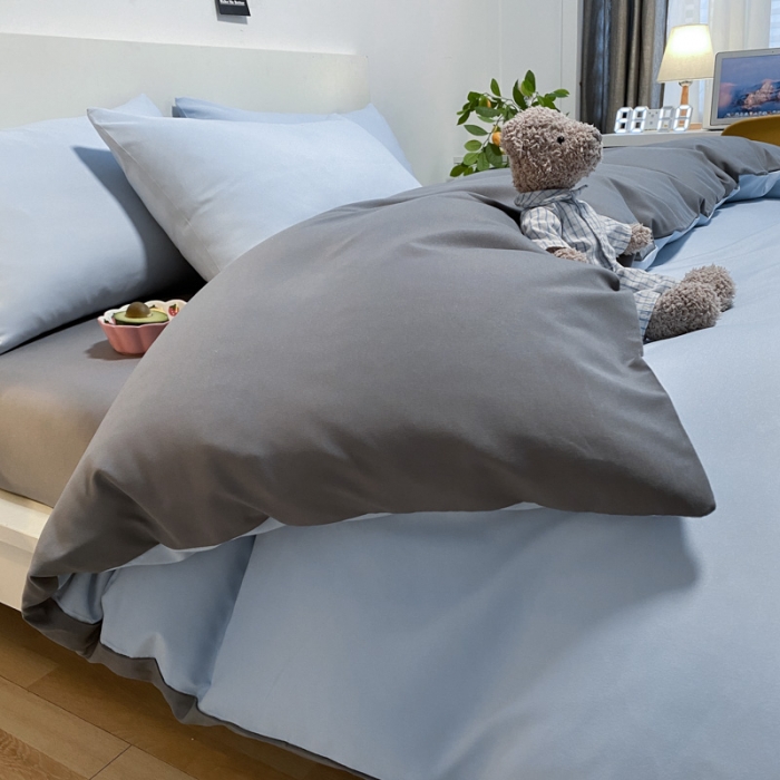 91家纺网 家纺一手货源 找家纺 同田 2023新纯色拼色水洗棉四件套三件套 天空蓝+深灰