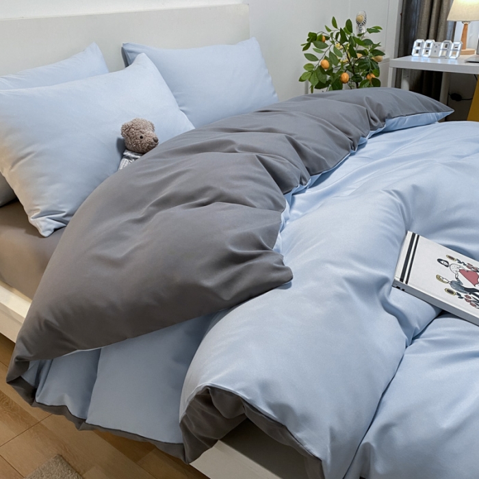 91家纺网 家纺一手货源 找家纺 同田 2023新纯色拼色水洗棉四件套三件套 天空蓝+深灰