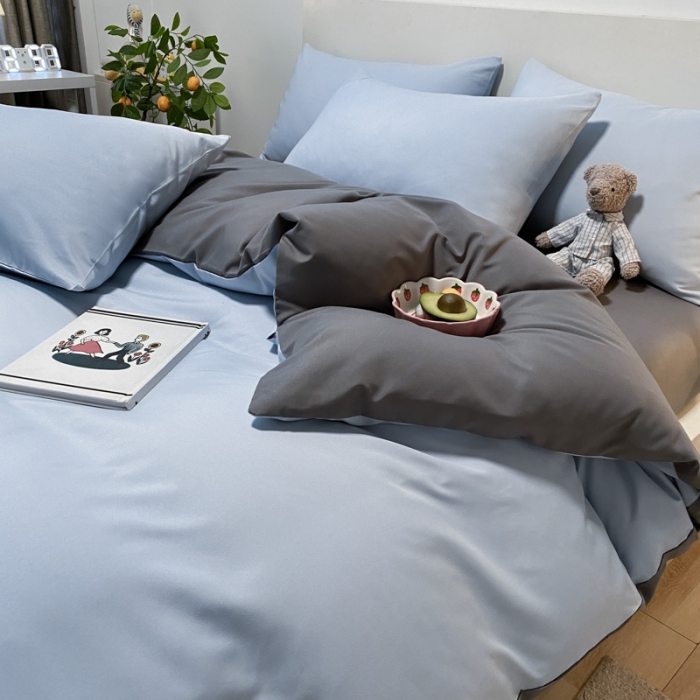 91家纺网 家纺一手货源 找家纺 同田 2023新纯色拼色水洗棉四件套三件套 天空蓝+深灰