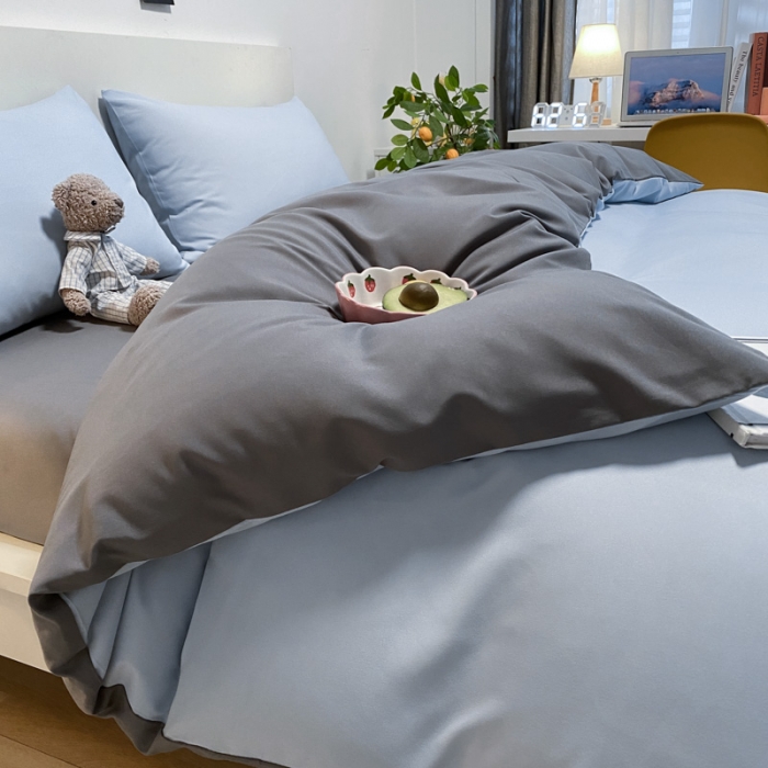 91家纺网 家纺一手货源 找家纺 同田 2023新纯色拼色水洗棉四件套三件套 天空蓝+深灰