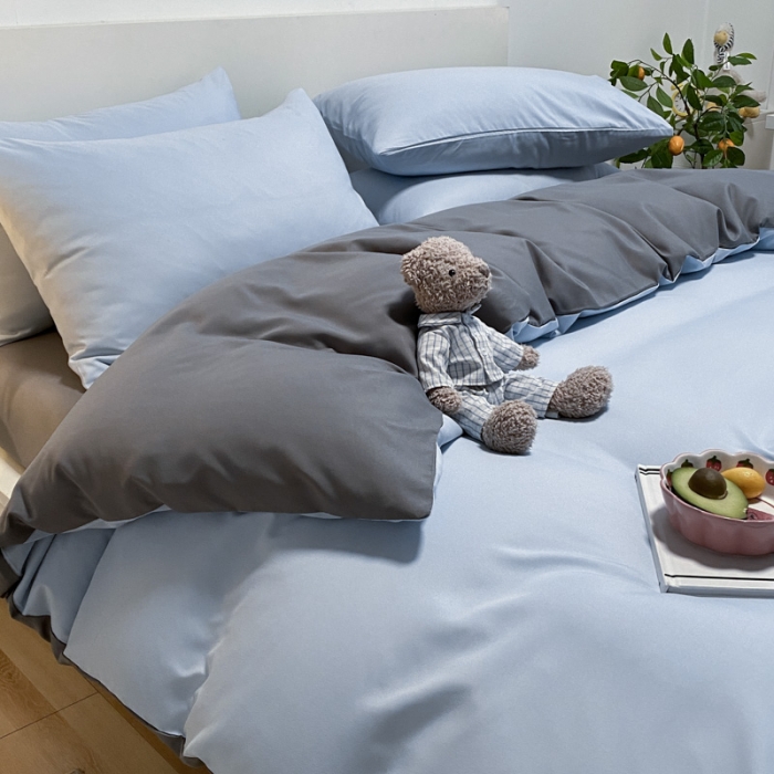 91家纺网 家纺一手货源 找家纺 同田 2023新纯色拼色水洗棉四件套三件套 天空蓝+深灰