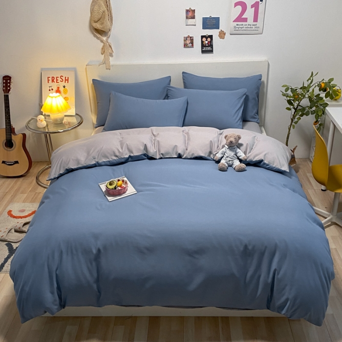 91家纺网 家纺一手货源 找家纺 同田 2023新纯色拼色水洗棉四件套三件套 蔚蓝+浅灰