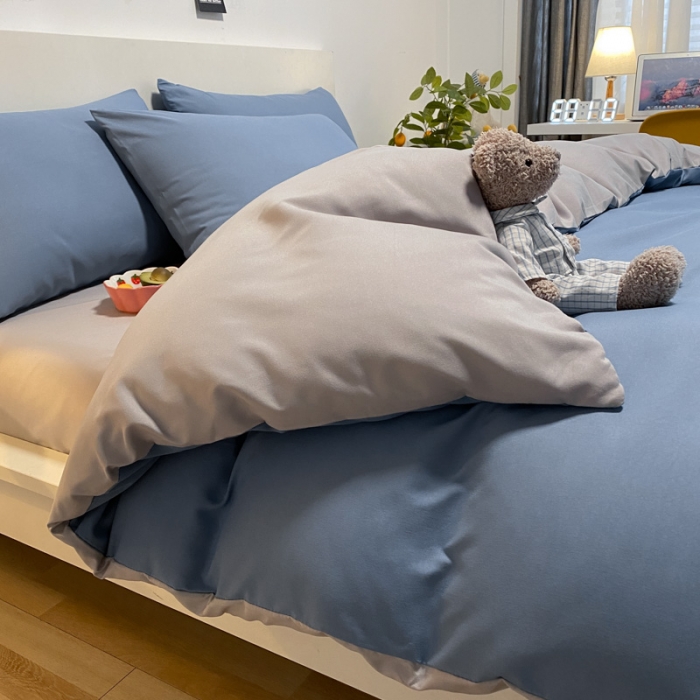 91家纺网 家纺一手货源 找家纺 同田 2023新纯色拼色水洗棉四件套三件套 蔚蓝+浅灰