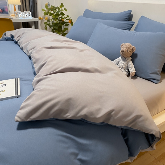 91家纺网 家纺一手货源 找家纺 同田 2023新纯色拼色水洗棉四件套三件套 蔚蓝+浅灰