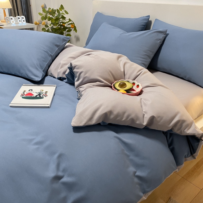 91家纺网 家纺一手货源 找家纺 同田 2023新纯色拼色水洗棉四件套三件套 蔚蓝+浅灰