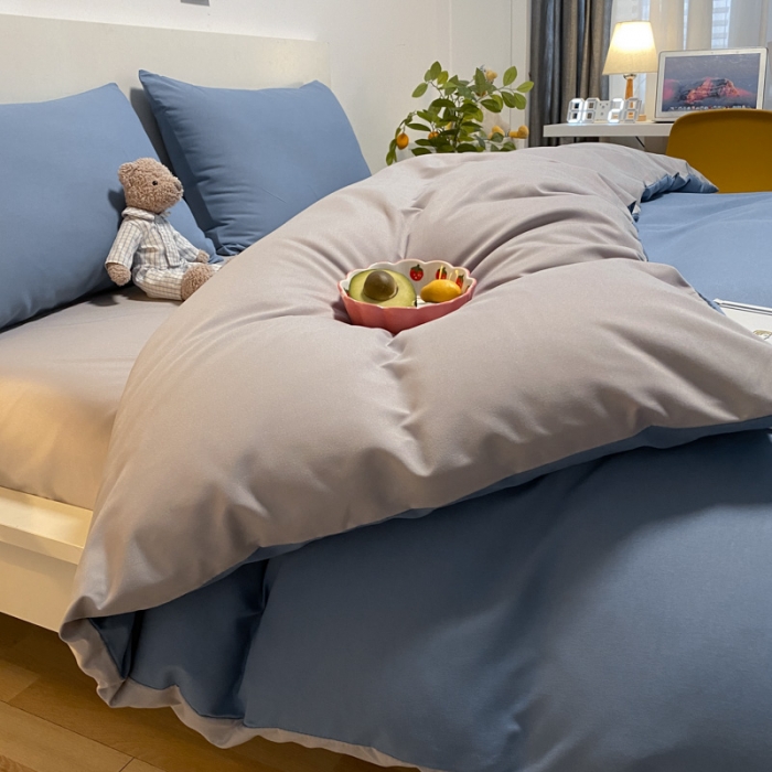 91家纺网 家纺一手货源 找家纺 同田 2023新纯色拼色水洗棉四件套三件套 蔚蓝+浅灰