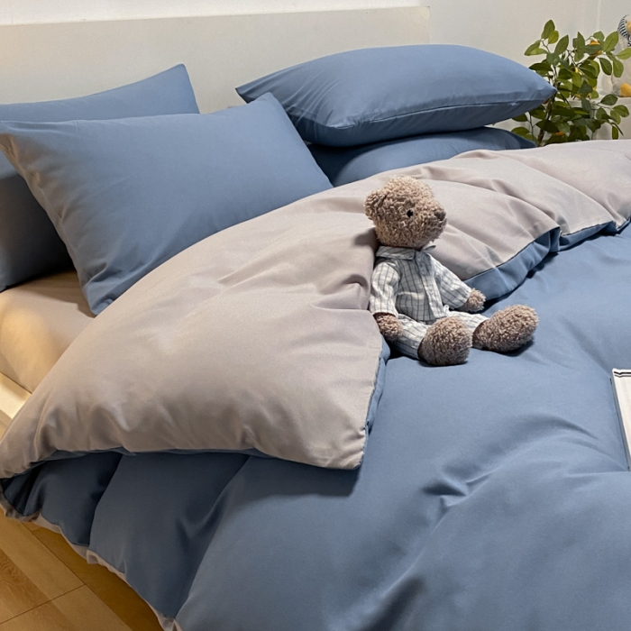 91家纺网 家纺一手货源 找家纺 同田 2023新纯色拼色水洗棉四件套三件套 蔚蓝+浅灰