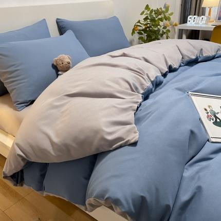 同田 2023新纯色拼色水洗棉四件套三件套 蔚蓝+浅灰