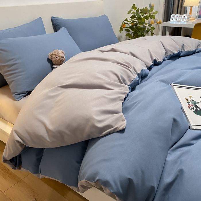 91家纺网 家纺一手货源 找家纺 同田 2023新纯色拼色水洗棉四件套三件套 蔚蓝+浅灰