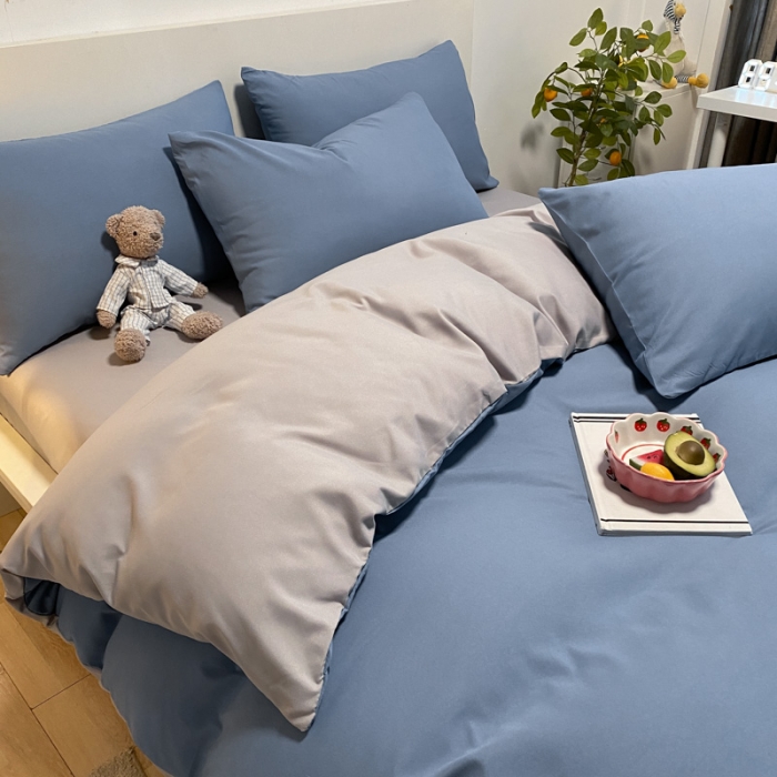 91家纺网 家纺一手货源 找家纺 同田 2023新纯色拼色水洗棉四件套三件套 蔚蓝+浅灰