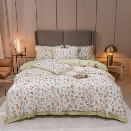 91家纺网 家纺一手货源 找家纺 KA家纺2022新款40支贡缎长绒棉全棉工艺款四件套奶油兔