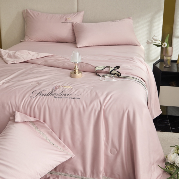 91家纺网 家纺一手货源 找家纺 凡客2022水洗天丝刺绣蚕蛹蛋白梵蒂夏被四件套梵蒂-公主粉