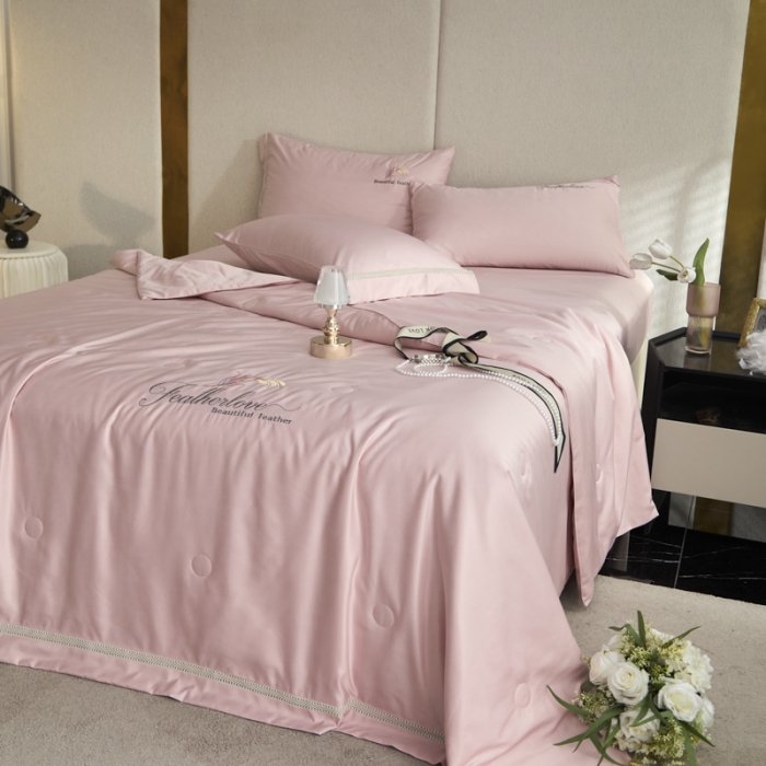 91家纺网 家纺一手货源 找家纺 凡客2022水洗天丝刺绣蚕蛹蛋白梵蒂夏被四件套梵蒂-公主粉